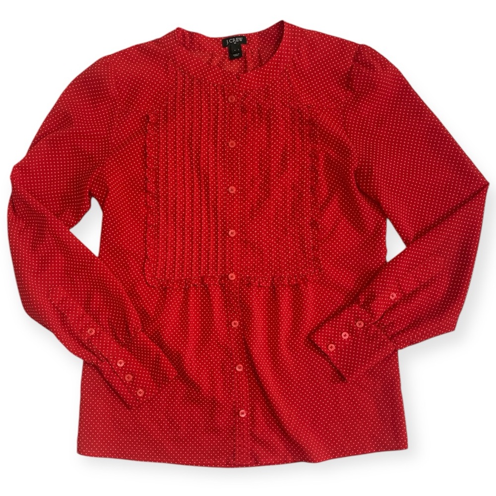 J. Crew, Red with white polka dots, women’s size 2, long sleeved button down